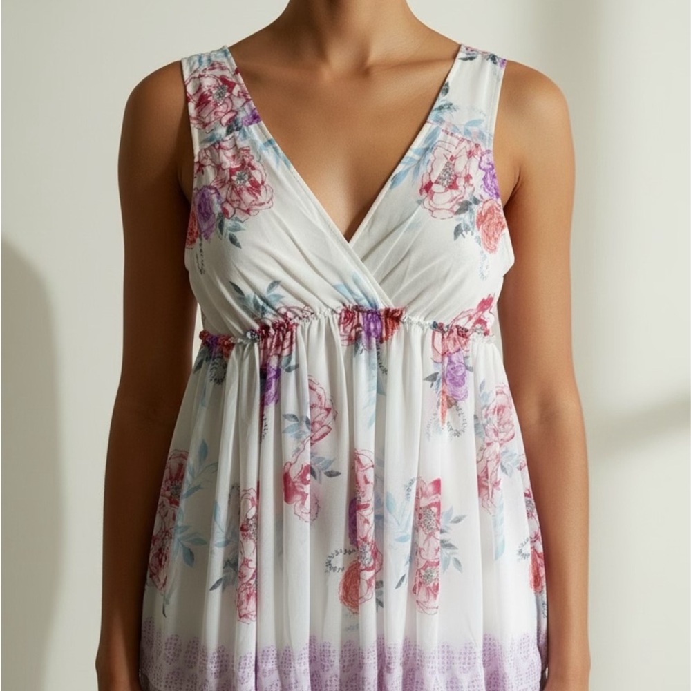 Free People White Floral V-Neck Empire Chemise with Pastel Blooms
